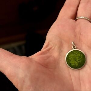 Olive Green St. Christopers Enamel and Sterling Silver Pendant